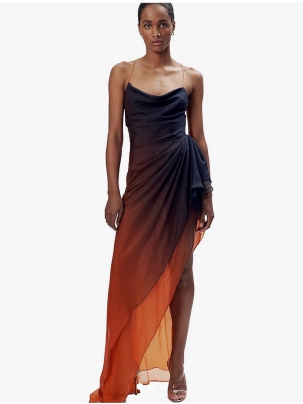 Ronny Kobo Collection Black to Orange Ombre One-Shoulder Draped Slip Gown